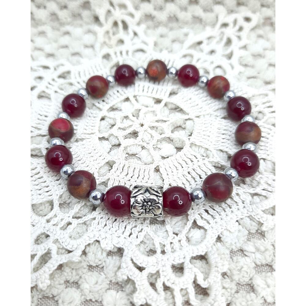 Artisan Apple Jasper Bracelet Natural Beaded Stretch Tibetan Silver Spacer NEW